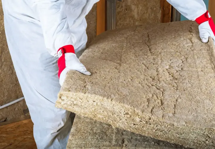 Un ouvrier en combinaison blanche manipule un panneau de laine de bois soufflée, prêt à isoler une maison.