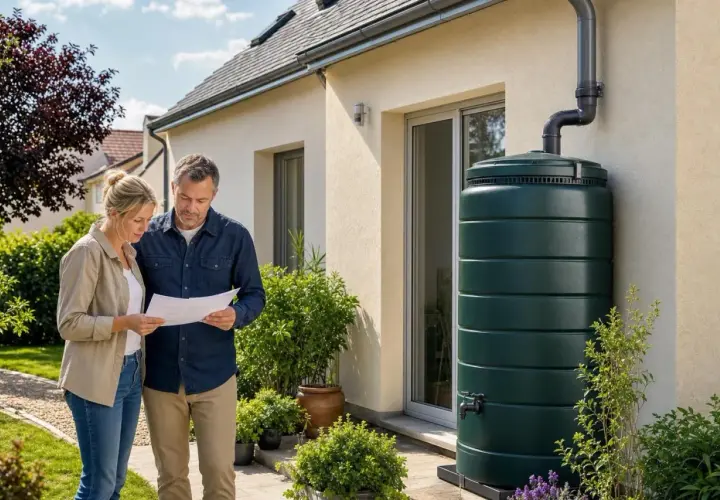 Un couple examine des papiers près d'une installation récupérateur eau de pluie verte, connectée à la gouttière de leur maison.