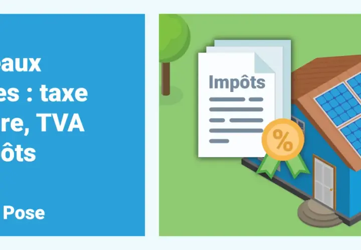 Maison avec panneaux solaires, document "Impôts" et médaille avec pourcentage. Comprendre la taxe foncière et les impôts liés aux panneaux photovoltaïques.