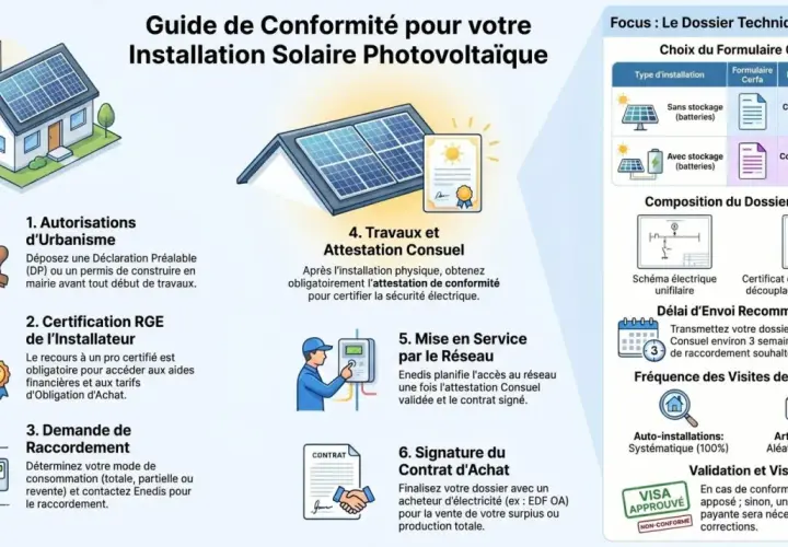 Guide pour l'installation solaire photovoltaïque, incluant les étapes, les formulaires Cerfa (ute c15-712-1) et la composition du dossier.