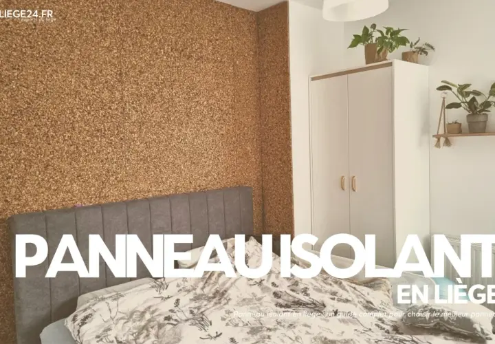 Chambre avec mur en panneau isolant en liège texturé. Un lit et une armoire complètent la pièce.