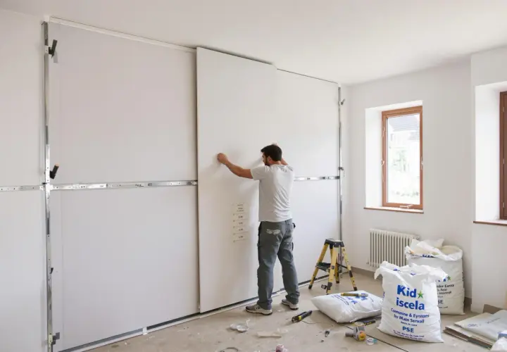 Pose d'une cloison intérieure pour un meilleur isolation phonique. Un ouvrier ajuste un panneau blanc sur une structure métallique.