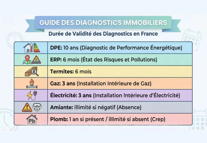 Guide des diagnostics immobiliers : combien de temps dure un diagnostic énergétique (DPE) ? 10 ans. D'autres diagnostics ont des durées plus courtes.