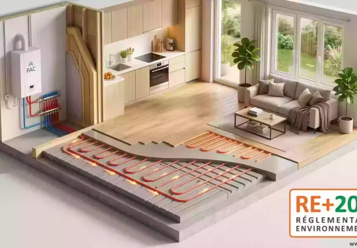 Système de chauffage au sol avec pompe à chaleur (PAC) alimentant un plancher chauffant dans une maison moderne.