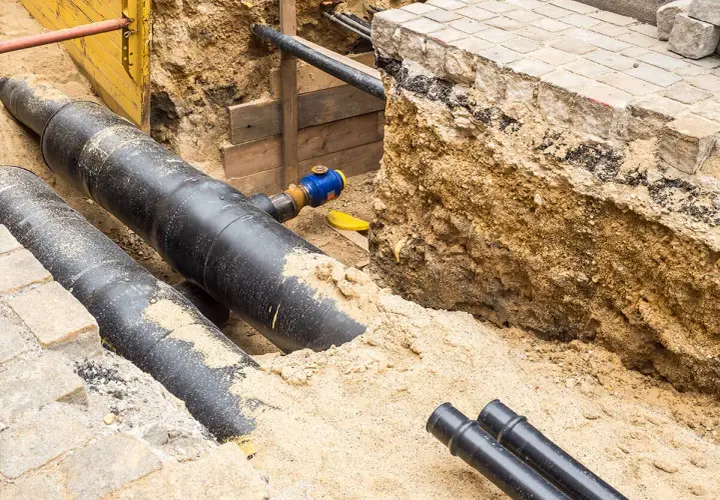 Gros tuyaux noirs enfouis dans le sable, prêts pour le chauffage urbain. Des travaux de voirie en cours.
