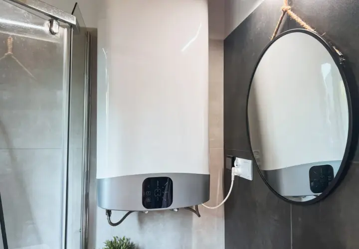 Chauffe-eau électrique instantané : les inconvénients de son installation dans une petite salle de bain. Miroir rond suspendu.