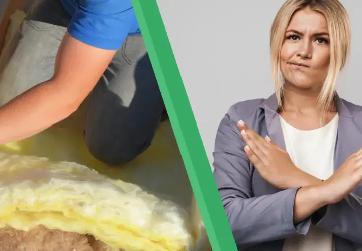 Comment isoler maison ancienne : un artisan pose de l'isolant jaune, tandis qu'une femme fait un signe d'interdiction.