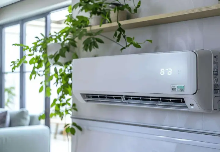 Un climatiseur split blanc, orné de plantes vertes retombantes, diffuse une fraîcheur bienvenue dans un salon moderne.