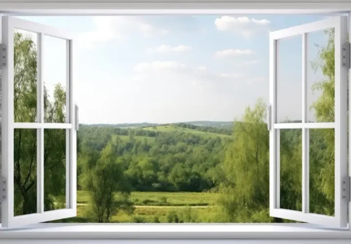 Vue d'une campagne verdoyante à travers une fenêtre à l'anglaise ouverte. Le soleil brille sur les collines et les arbres.