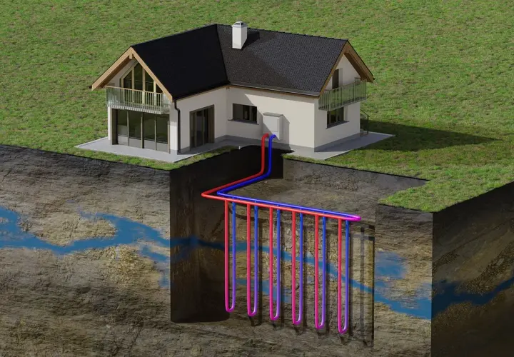 Maison avec système de géothermie. Un puits profond révèle des tuyaux qui puisent la chaleur du sol pour chauffer l'habitation.