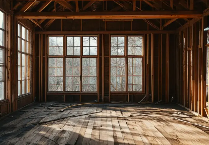 Intérieur d'une maison en construction, avec une **structure bois** apparente, de grandes fenêtres donnant sur une forêt d'arbres nus.