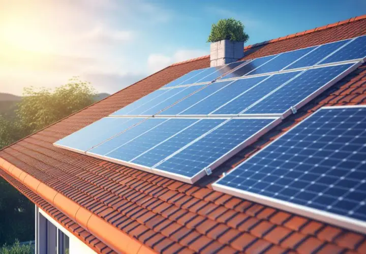 Panneaux solaires bleus brillants sur un toit de tuiles rouges, symbolisant une maison autonome et écologique sous un ciel bleu clair.
