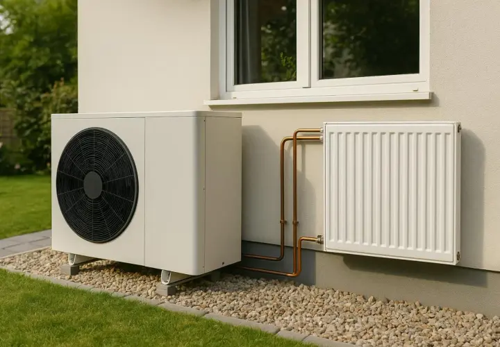 Unité extérieure d'une pompe à chaleur haute température, connectée à un radiateur blanc par des tuyaux en cuivre.