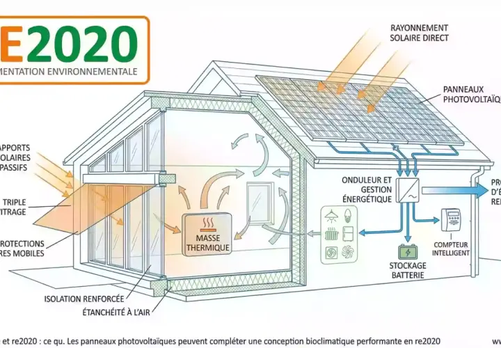 Maison RE2020 : panneaux photovoltaïques en silicium sur le toit, gestion énergétique, stockage batterie, isolation renforcée, apports solaires passifs.