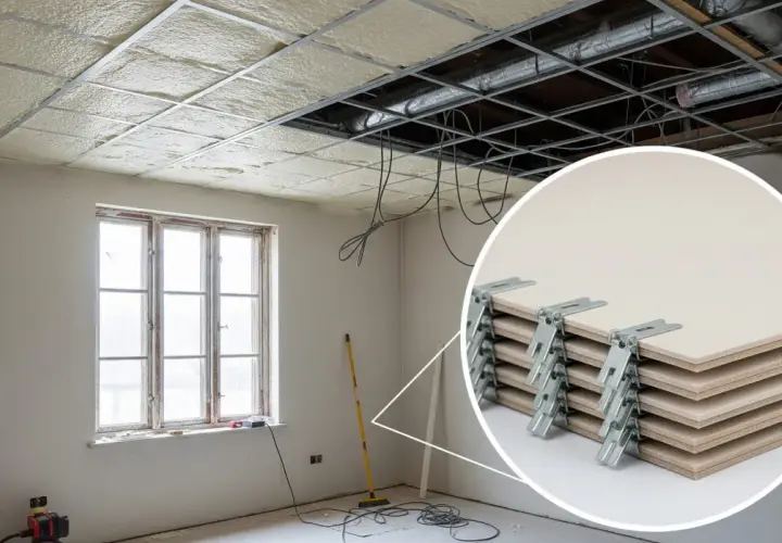 Travaux de rénovation d'un appartement : pose de l'isolation du plafond avec des panneaux et fixation du faux plafond. Gros plan sur les clips de fixation.