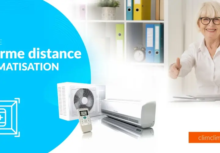 Guide sur la norme distance climatisation : unité extérieure, intérieure et télécommande. Une femme souriante fait un double pouce levé.