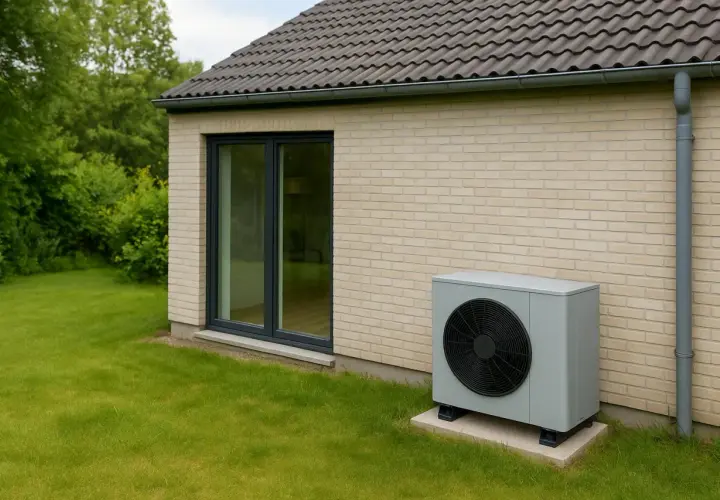 Une pompe à chaleur basse température, discrète et moderne, est installée à côté d'une maison en briques claires, sur une pelouse verte.