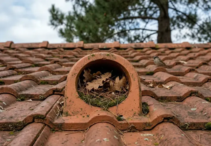 Un moineau sur un toit de tuiles rouges, près d'une chatière de toiture remplie de feuilles. La réglementation sur les chatières de toiture est importante pour la sécurité.