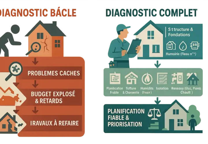 Diagnostic bâclé vs. complet pour une rénovation maison de maître. Le premier mène à des problèmes cachés, budget explosé et travaux à refaire. Le second assure une planification fiable.