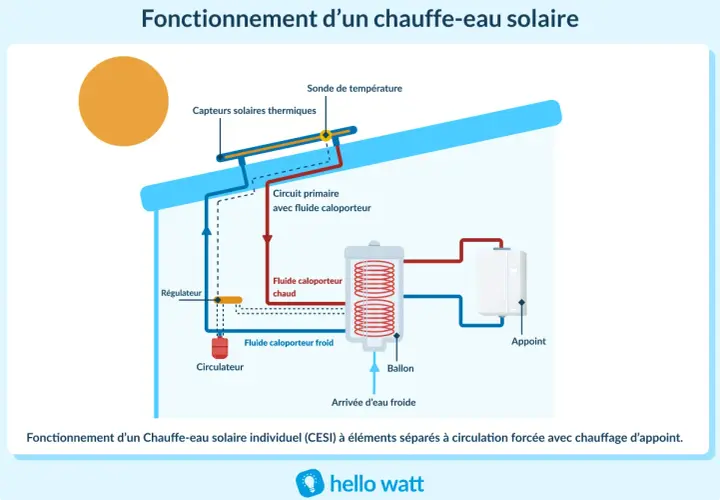 Schéma du fonctionnement d'un chauffe-eau solaire : le soleil chauffe un fluide caloporteur qui circule vers un ballon de stockage.