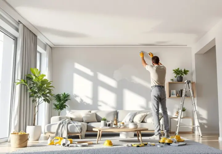 Un homme en gants jaunes s'apprête à refaire un plafond dans un salon lumineux. Des outils sont posés au sol.