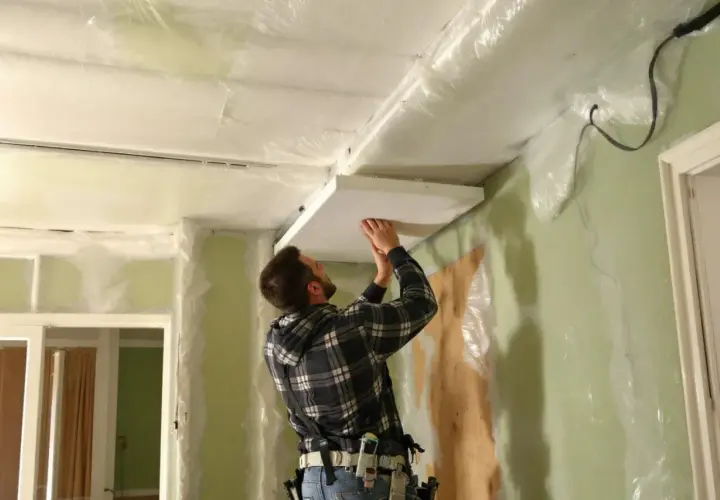 Un homme installe un panneau au plafond, entouré de bâches. Attention, la laine de verre peut présenter un danger pour les poumons si mal manipulée.