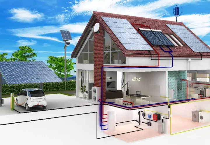 Maison passive avec panneaux solaires, borne de recharge pour voiture électrique et système de chauffage. Le prix d'une telle maison est un investissement durable.