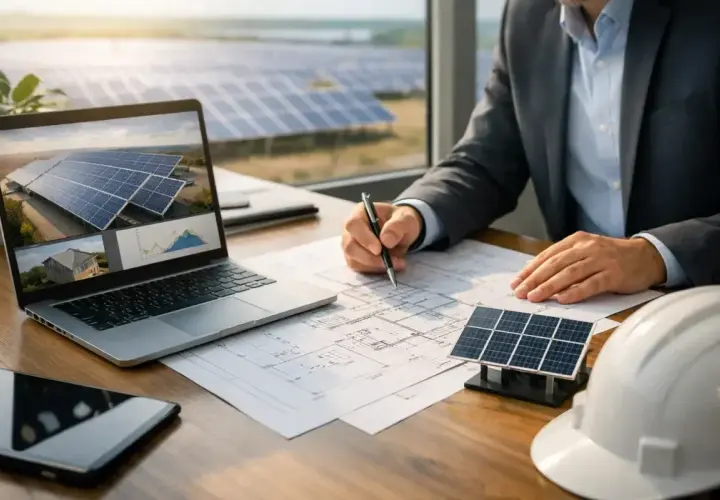 Ingénieur travaillant sur des plans pour un bureau d'étude panneaux photovoltaïques. L'écran de son ordinateur affiche des panneaux solaires et des graphiques.