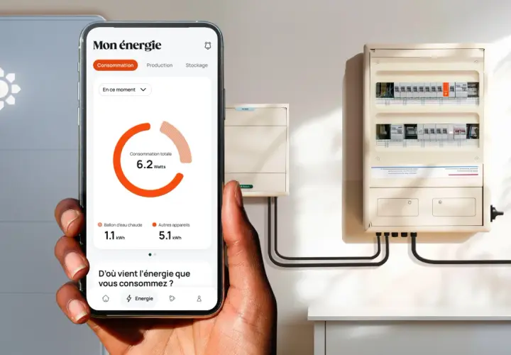 Le smartphone affiche "Mon énergie", montrant que les "Autres appareils" consomment le plus (5.1 kWh) dans une maison, devant le ballon d'eau chaude (1.1 kWh).