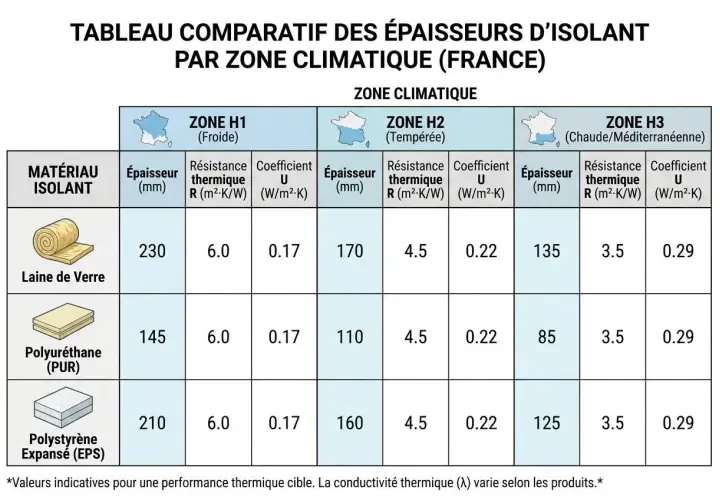 Tableau comparatif des épaisseurs d'isolants par zone climatique. Le coefficient U varie selon le matériau et la zone, influençant la performance thermique.