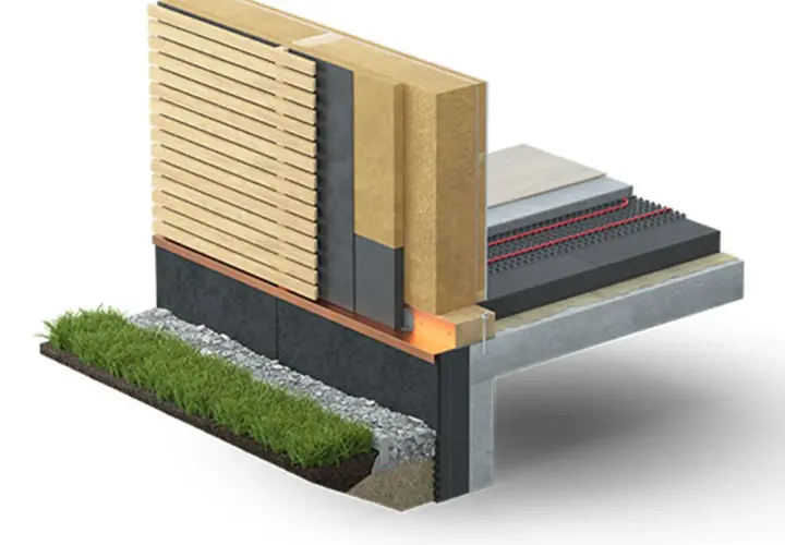 Coupe d'un mur et d'un sol isolés, montrant des couches de bois, de gravier, de mousse de verre et de béton.