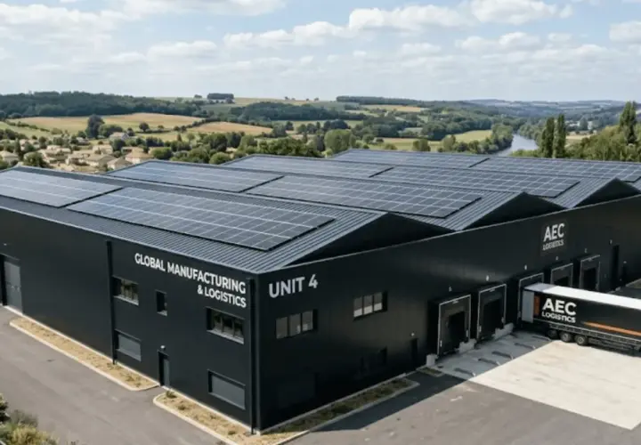 Bâtiment industriel noir avec panneaux solaires sur le toit, portant l'inscription "GLOBAL MANUFACTURING & LOGISTICS UNIT 4". Un camion AEC LOGISTICS est garé à quai.