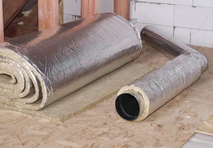 Rouleau d'isolant thermique et conduit de ventilation gainé, prêts pour une isolation multicouche efficace.
