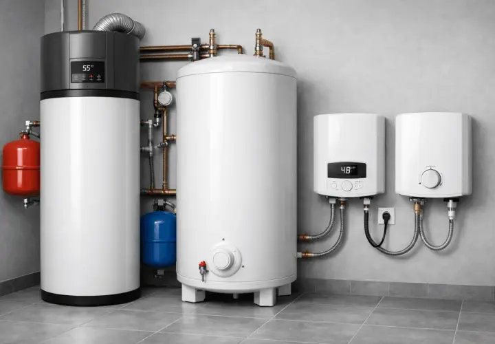 Système de chauffage d'eau moderne avec plusieurs chauffe-eau, prêt pour un remplacement.