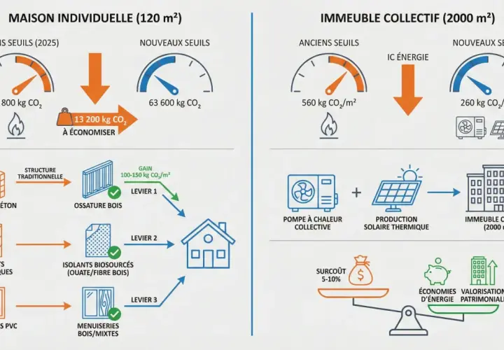 Comparaison des émissions de CO₂ pour une maison individuelle et un immeuble collectif, illustrant les gains potentiels grâce aux nouvelles normes rt 2020.