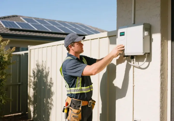 Un technicien ajuste un local onduleur sur un mur extérieur, avec des panneaux solaires visibles sur le toit en arrière-plan.