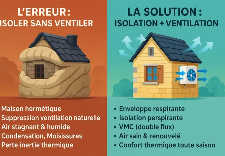 Maison en pierre étouffée par l'isolation sans ventilation, contrastant avec une maison aérée et ventilée. Une bonne rénovation maison pierre allie isolation et ventilation.