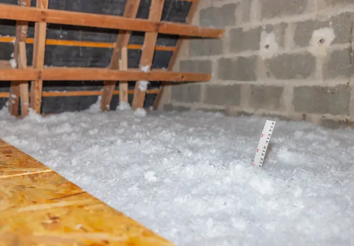 Gros plan sur l'isolation des combles perdus, une épaisse couche de ouate de cellulose recouvre le sol. Une règle mesure l'épaisseur.