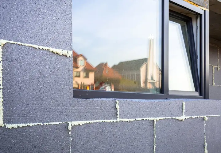 Mousse isolante appliquée sur des blocs de béton pour un enduit isolant extérieur. Reflets de maisons dans la fenêtre.