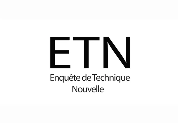 ETN : Enquête de Technique Nouvelle. Ce logo minimaliste, avec ses lettres noires audacieuses sur fond blanc, évoque la recherche et l'innovation.