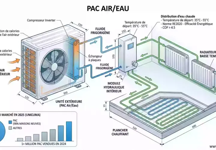 Schéma d'une formation pompe à chaleur air/eau montrant l'unité extérieure, le module intérieur, les radiateurs et le plancher chauffant.