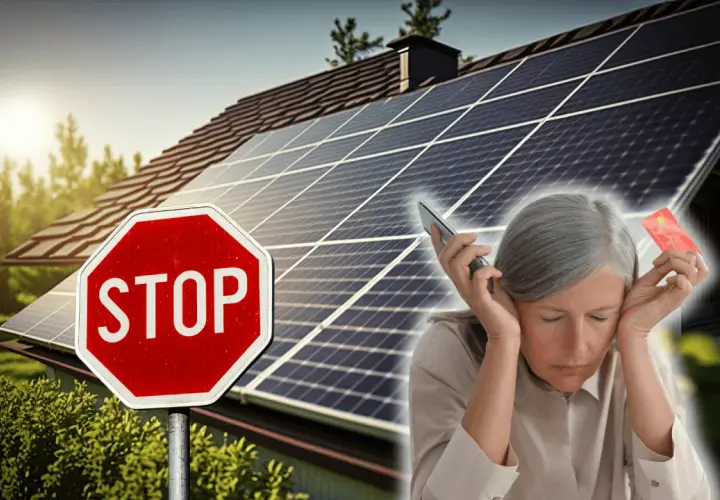Panneaux solaires sur un toit, panneau STOP et femme stressée avec carte bancaire. Attention à l'arnaque panneaux solaires.