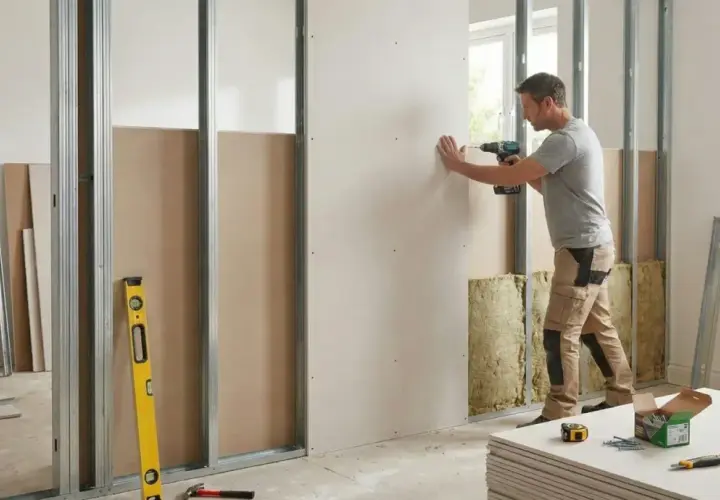 Un homme fixe une plaque de placo sur une ossature métallique. Le schéma de cloison placo est en cours de construction, avec de l'isolant visible.