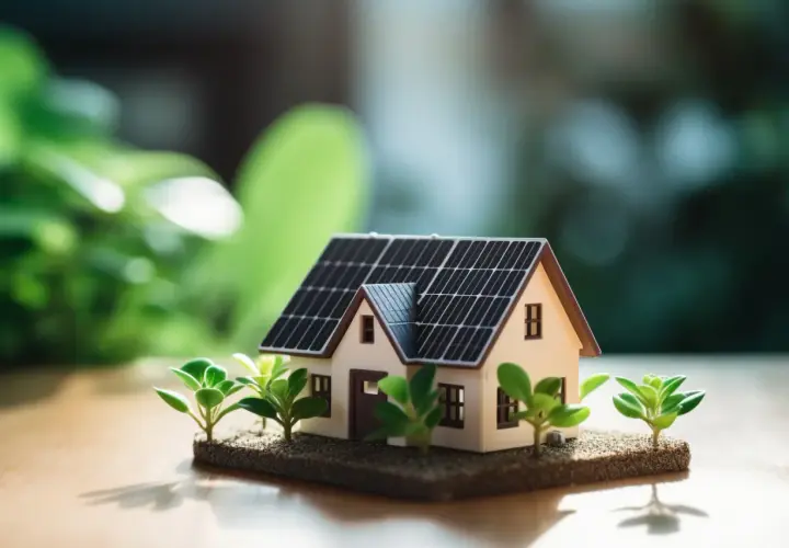 Modèle de bâtiment photovoltaïque avec des panneaux solaires sur le toit, entouré de verdure.