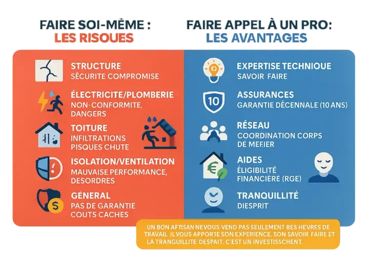 Comparaison des risques du bricolage et des avantages de faire appel à un professionnel pour un ordre travaux rénovation.