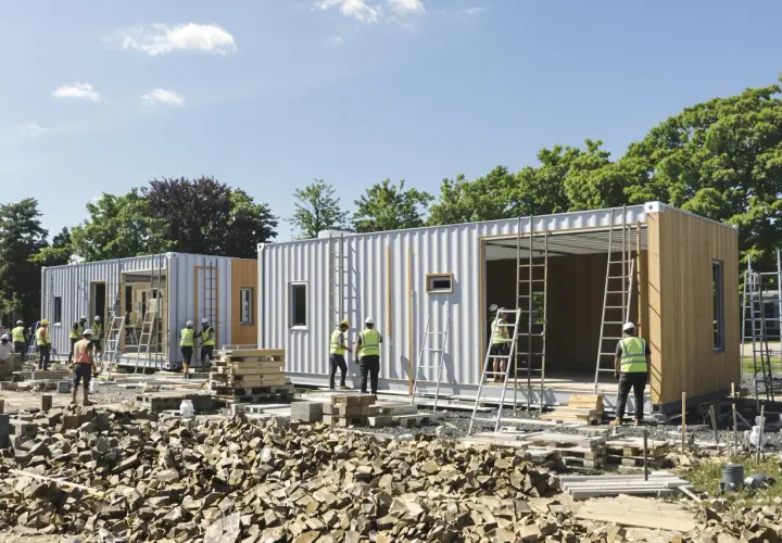 Chantiers de construction d'une maison container. Des ouvriers en gilets de sécurité travaillent sur des modules préfabriqués.