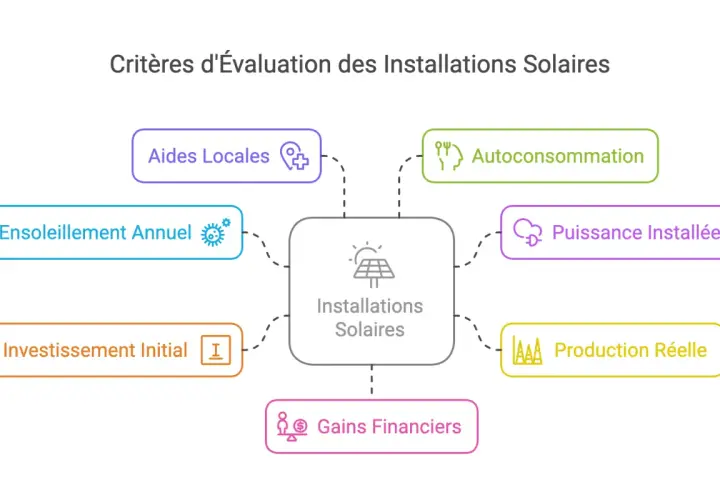 Schéma des critères d'évaluation des installations solaires, incluant l'autoconsommation, la puissance installée, la production réelle, les gains financiers, l'investissement initial, l'ensoleillement annuel et les aides locales pour évaluer la **panne...