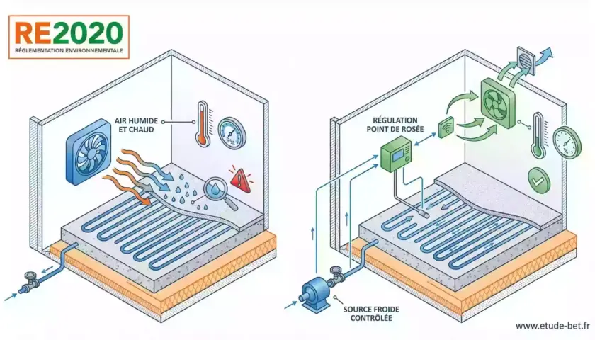 Schéma RE2020 : gestion de l'air humide et chaud. La régulation du point de rosée contrôle le système, gérant la chaleur latente pour un confort optimal.