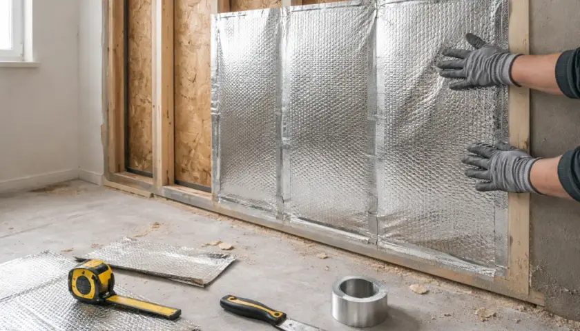 Pose d'un isolant mince sur un mur en construction. Des mains gantées ajustent le matériau réfléchissant. Outils et rouleaux d'isolant au sol.