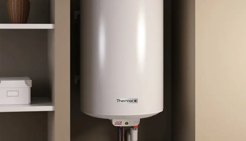 Chauffe eau thermodynamique Thermor, discret dans son placard. Pas de bruit, juste de l'eau chaude.